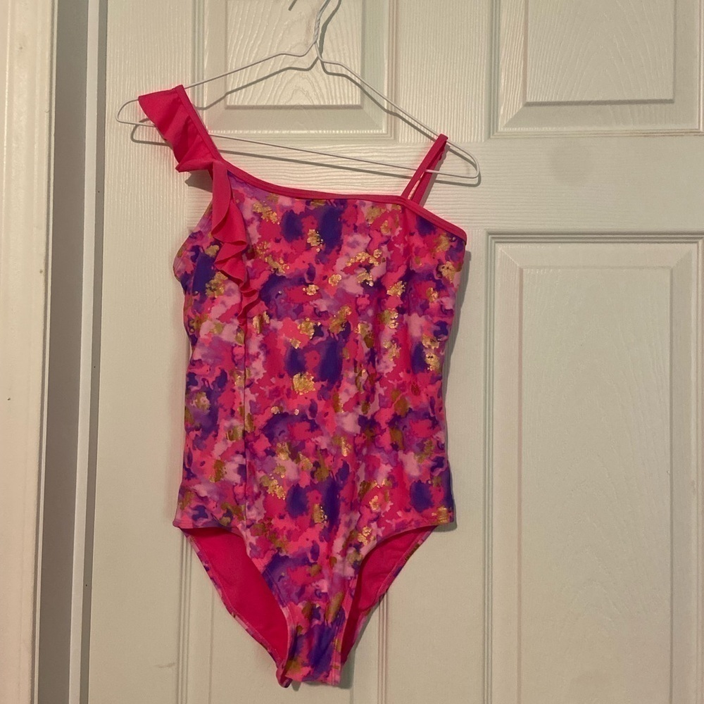 justice Sz 12 Plus Girls One Piece Bathing Suit Pink Purple Gold Swim Wear  GUC